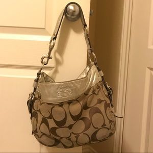 Used Coach purse - tan monogram fabric w/ silver